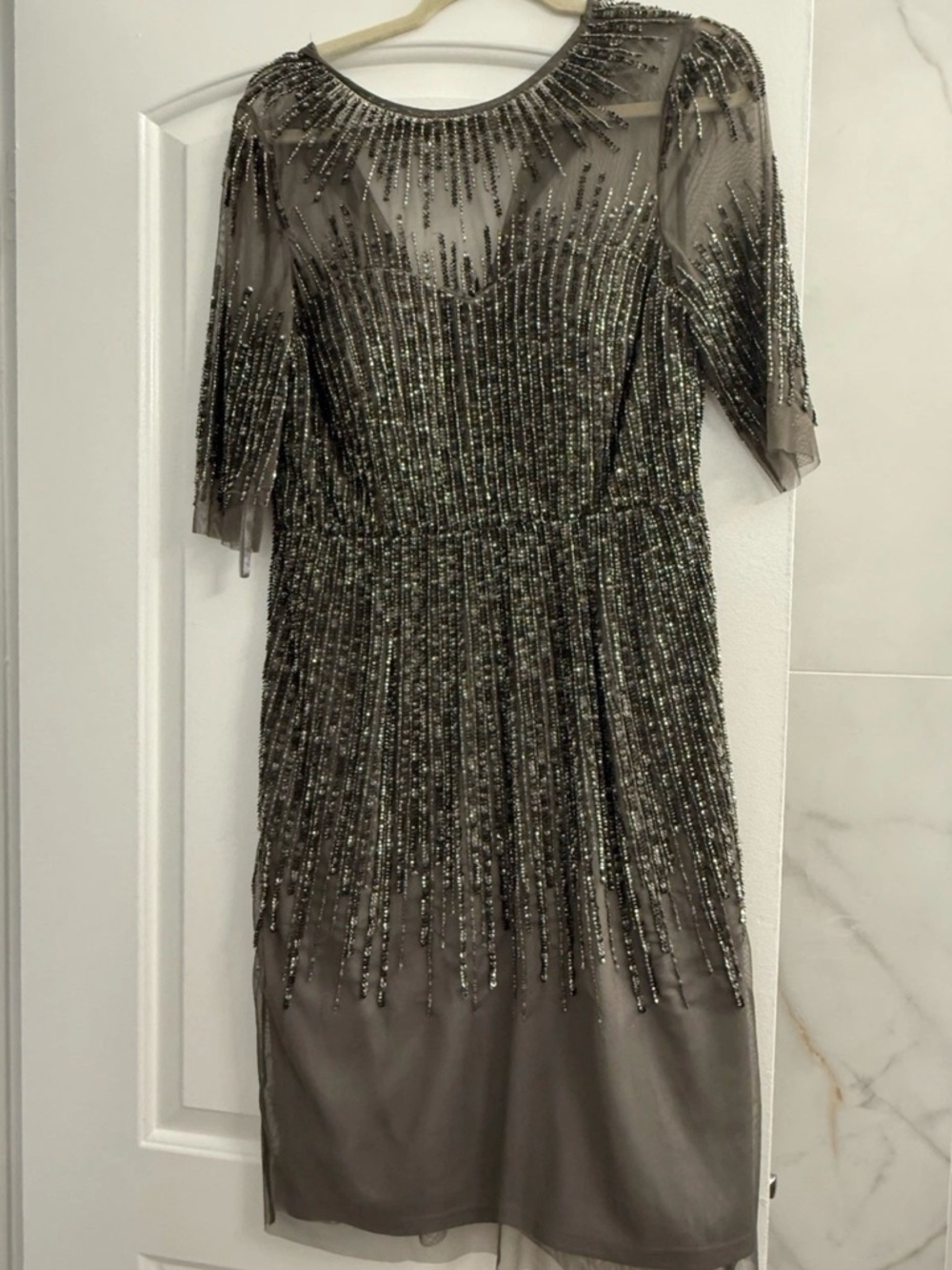Adrianna Papell Olive Beaded Long Sleeve Dress